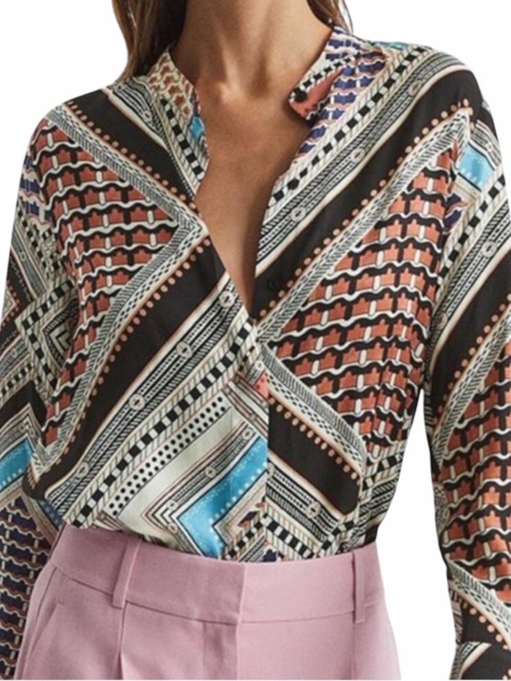 Reiss Everly Scarf Print Blouse UK 6 US 2 100% Viscose Italian Fabric Satin Feel